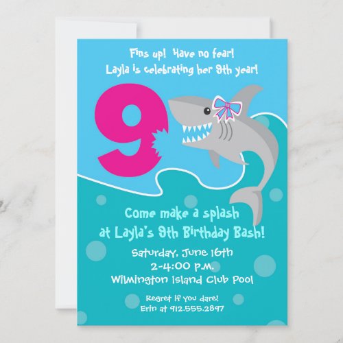 Girl Shark Bite Invite_ 9th Birthday Party Invitation