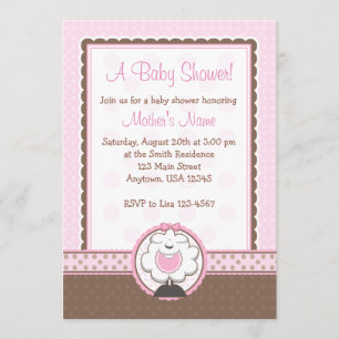 Girl Sheep Pink & Brown Baby Shower Invitations