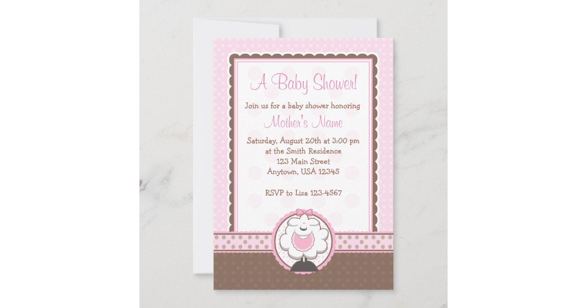 Girl Sheep Pink & Brown Baby Shower Invitations Zazzle