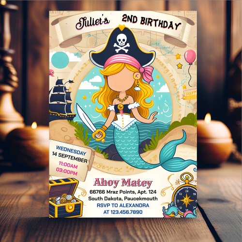 Girl Ship Kids Cool Flag Boat Pirate 2nd Birthday Invitation