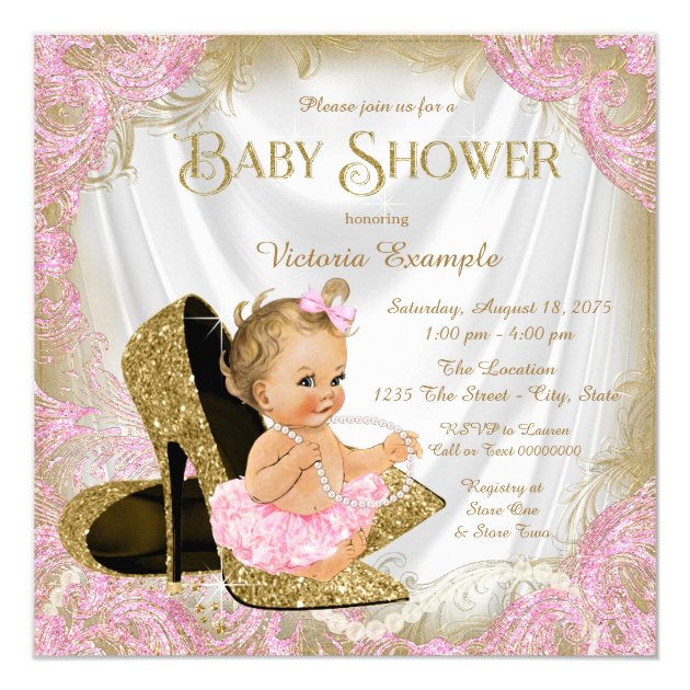 Girl Shoe Pink Gold Glitter Pearl Baby Shower Invitation