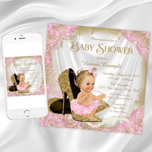 Girl Shoe Pink Gold Glitter Pearl Baby Shower Invitation