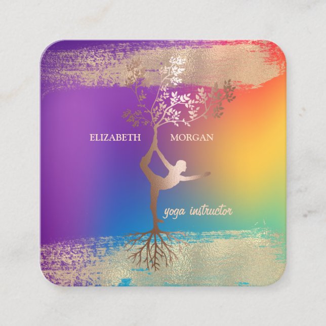 Girl Silhouete Gold Brush Stroke Ombre Holographic Square Business Card (Front)