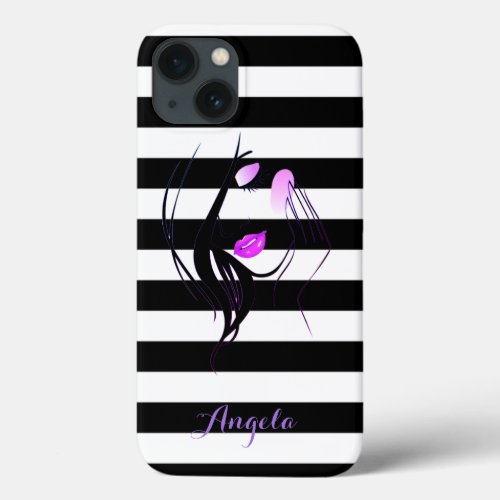 Girl Silhouette Black White Stripes Personalized iPhone 13 Case