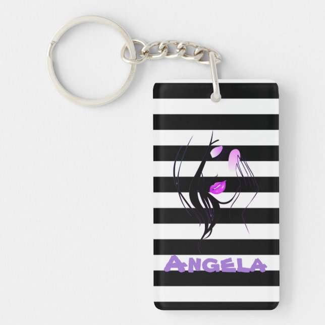 Girl Silhouette, Black, White Stripes Personalized Keychain (Front)