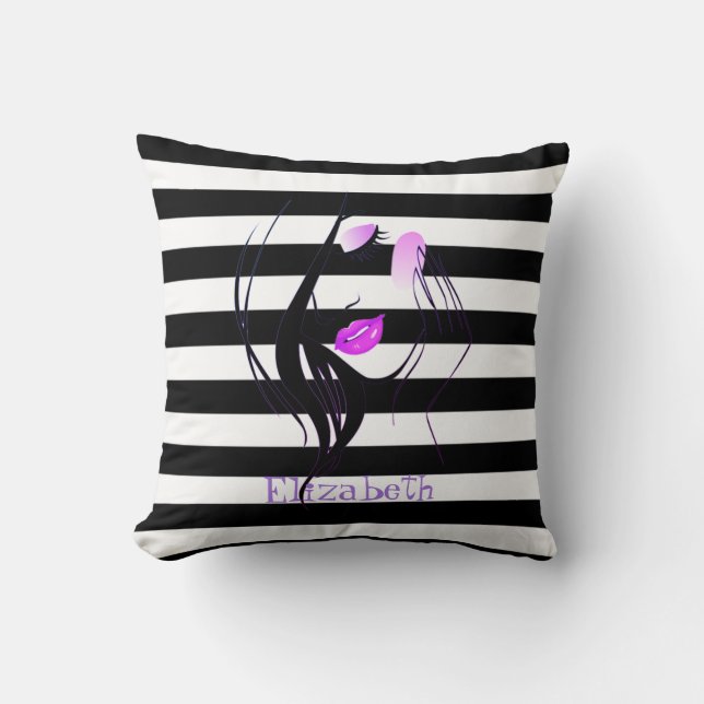 Girl Silhouette, Black, White Stripes Personalized Throw Pillow (Front)