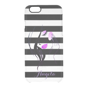 Girl Silhouette, Black White Stripes-Personalized Clear iPhone 6/6S Case