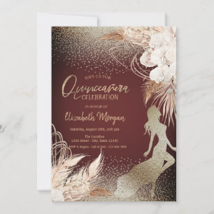 Girl Silhouette,Floral Boho Flowers Pampas Grass Invitation