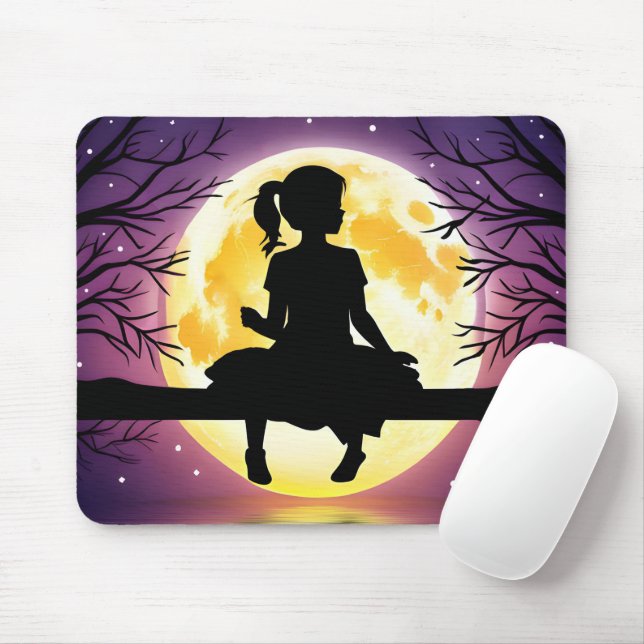 Girl Silhouette On Tree With Moon Mouse Pad (With Mouse)
