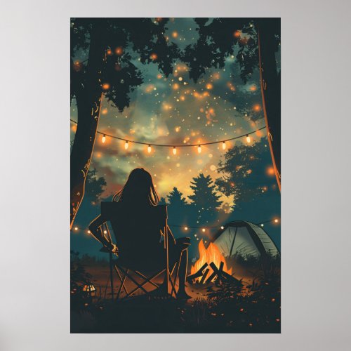 Girl Silhouette Outdoor Night Camping Poster