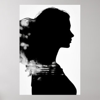 Girl Silhouette Scenic Black & White Modern Art Poster