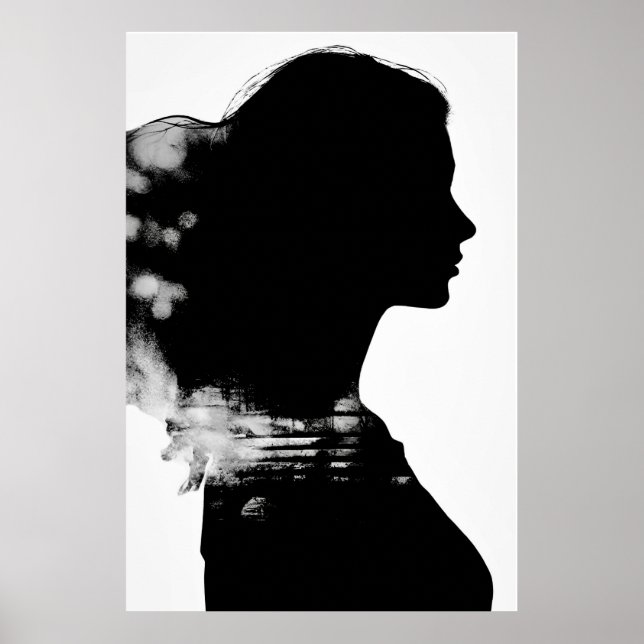 Girl Silhouette Scenic Black & White Modern Art Poster (Front)