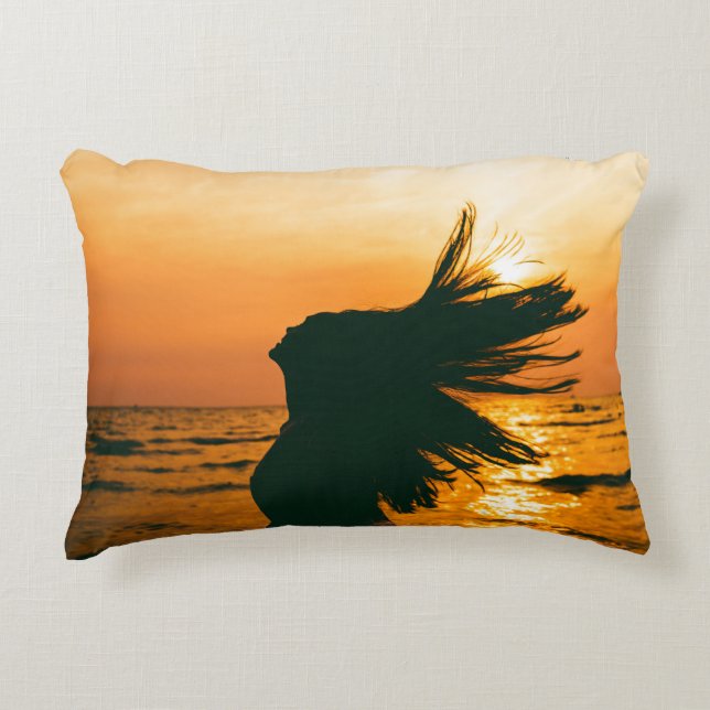 Girl silhouette, sea sunset, freedom. accent pillow (Front)