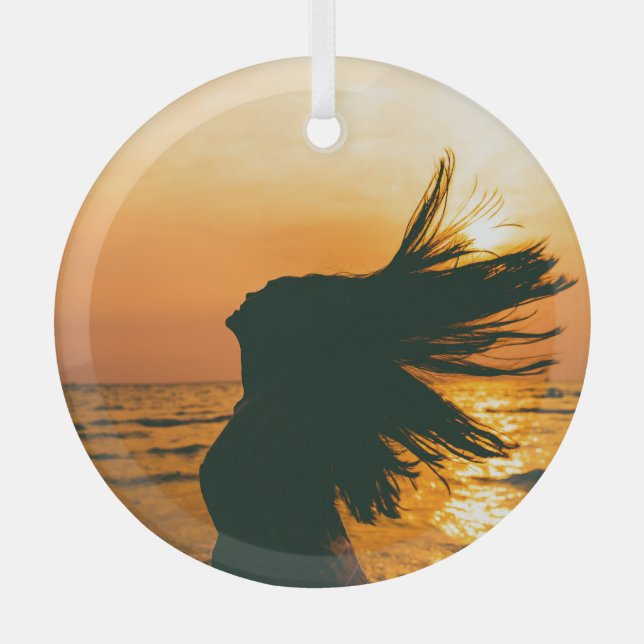 Girl silhouette, sea sunset, freedom. glass ornament (Front)