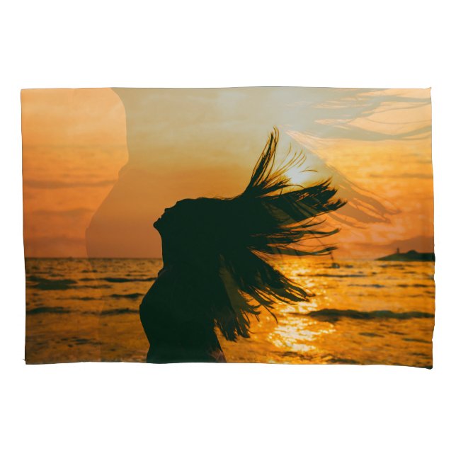 Girl silhouette, sea sunset, freedom. pillow case (Front)