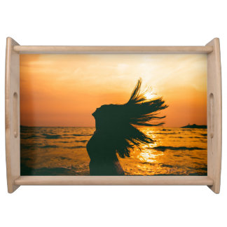 Girl silhouette, sea sunset, freedom. serving tray