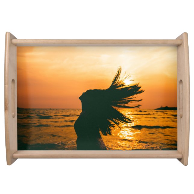 Girl silhouette, sea sunset, freedom. serving tray (Front)