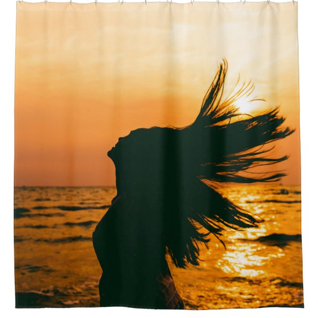 Girl silhouette, sea sunset, freedom. shower curtain (Front)