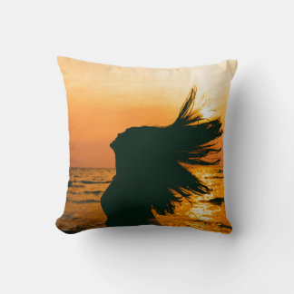 Girl silhouette, sea sunset, freedom. throw pillow