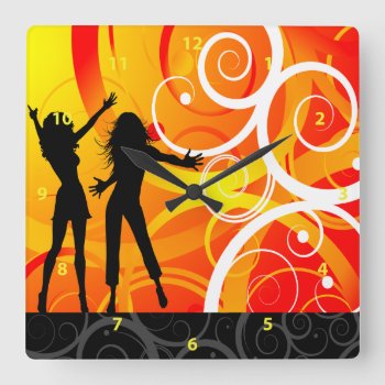 Girl Silhouettes Dancing On Background Of Swirls Square Wall Clock by GroovyGraphics at Zazzle