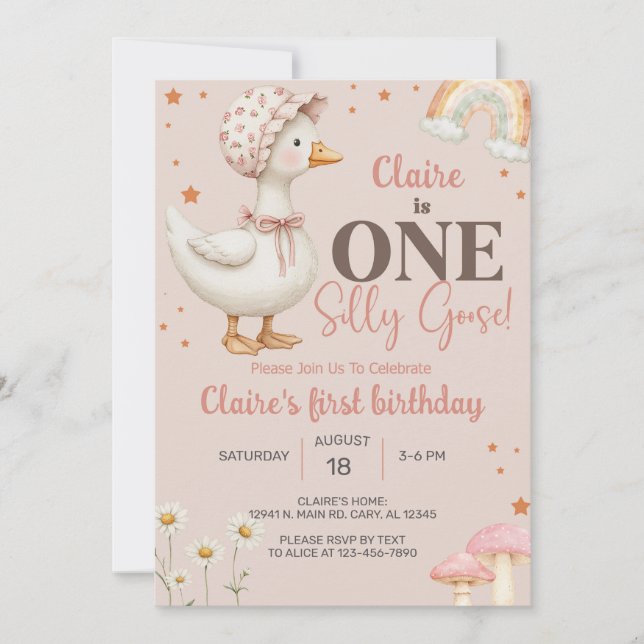 Girl Silly Goose 1st first birthday invite, goose. Invitation (Front)