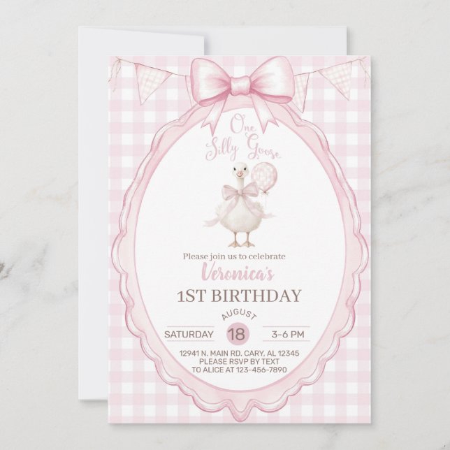 Girl Silly Goose 1st first birthday invite, goose. Invitation (Front)