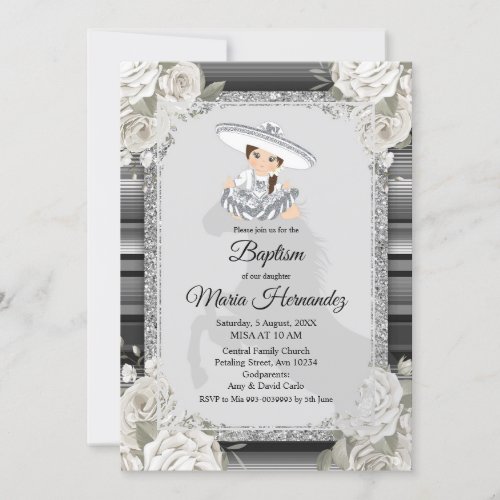 Girl Silver White Mexican Baptism Invitation