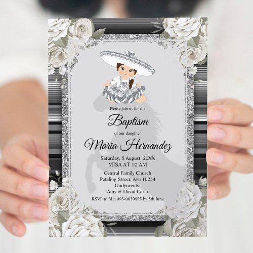 Girl Silver White Mexican Baptism Invitation