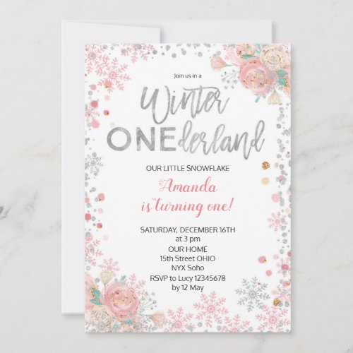 Girl Silver Winter ONEderland Snow Birthday Invite