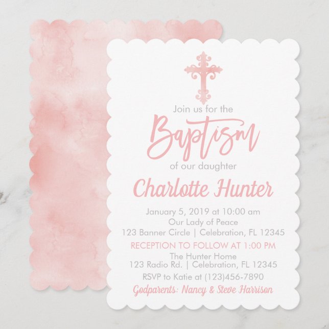 Girl Simple Elegance Pink Baptism Invitation (Front/Back)