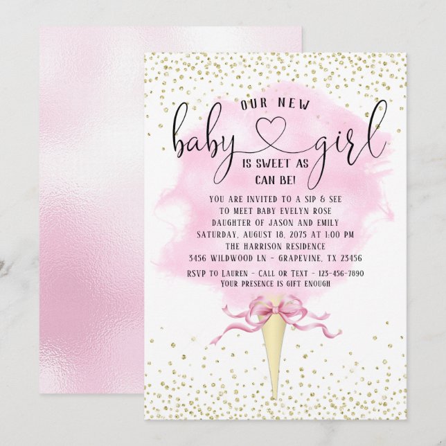 Girl Sip and See Cotton Candy Baby Shower Invitation (Front/Back)