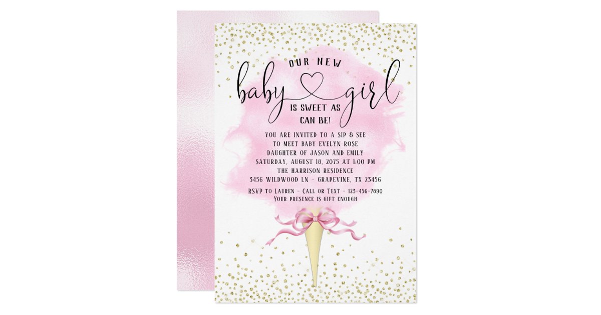 Girl Sip See Pink Gold Cotton Candy Baby Shower Invitation Zazzle Com