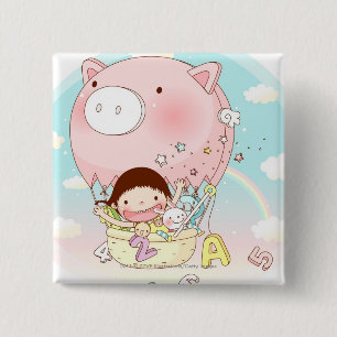 Girl sitting in hot air balloon, smiling button