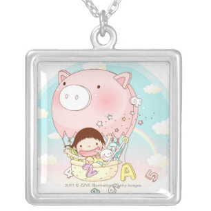 Girl sitting in hot air balloon, smiling silver plated necklace