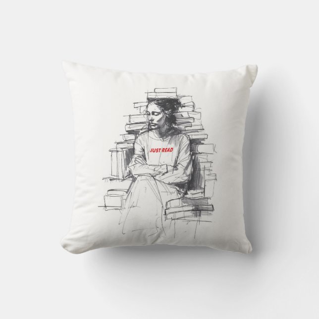 Girl Sitting on Book Throne - "Just Read" Throw Pillow (Front)