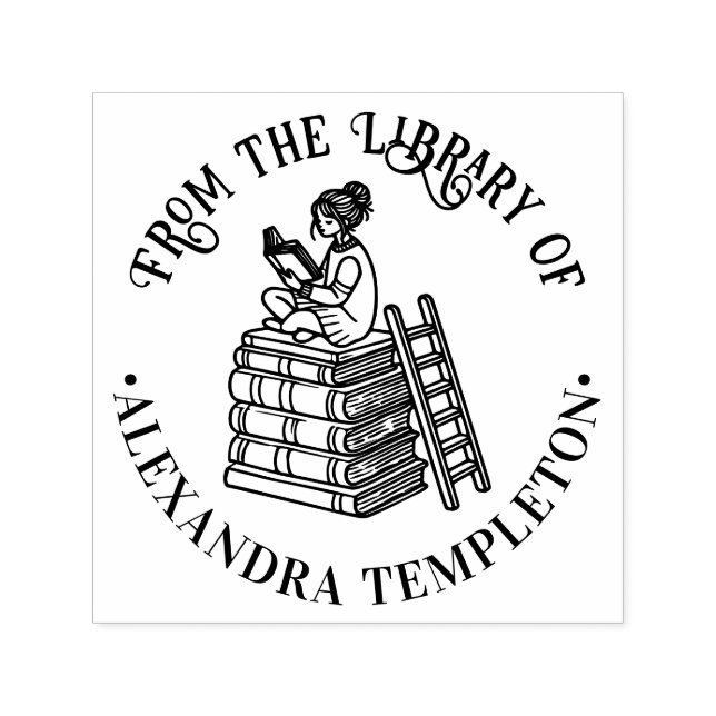 Girl Sitting on Books Reading #3 Library Book Name Self-inking Stamp (Design)