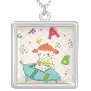 Girl sitting on chair, studying silver plated necklace
