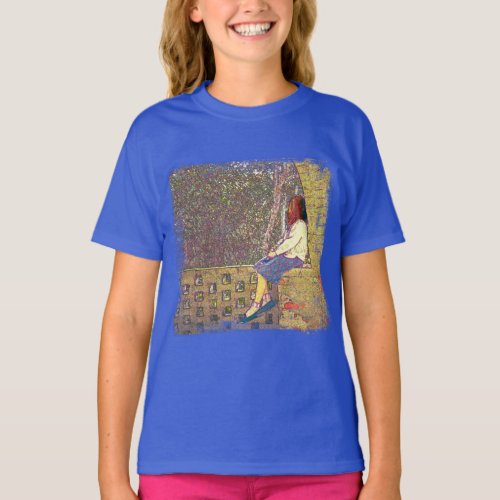 Girl Sitting On Garden Wall Day Dreaming Art T_Shirt