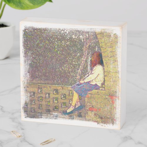 Girl Sitting On Garden Wall Day Dreaming Art Wooden Box Sign