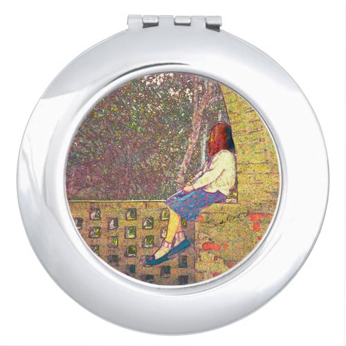Girl Sitting on Garden Wall Day Dreaming Compact Mirror