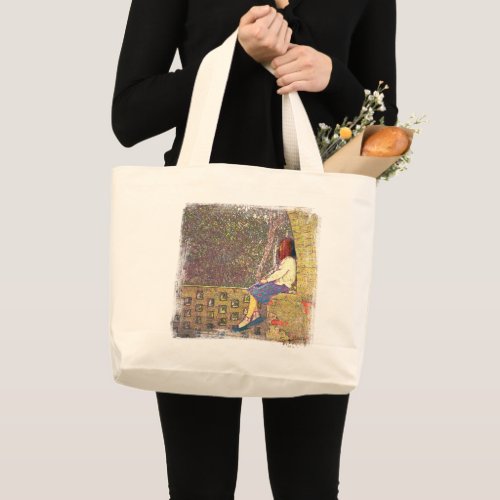 Girl Sitting on Garden Wall Day Dreaming Large Tote Bag