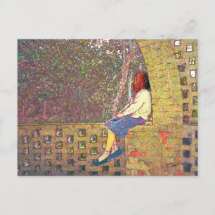 Girl Sitting on Garden Wall Day Dreaming Postcard