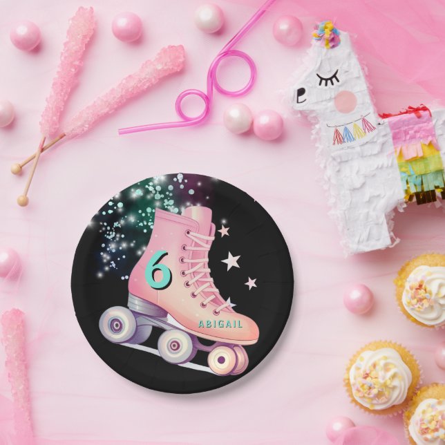  Girl Skate Party Black Neon Birthday  Paper Plates (Party)