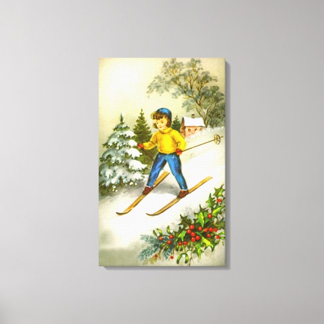 Girl ski-ing festive vintage canvas print (Front)