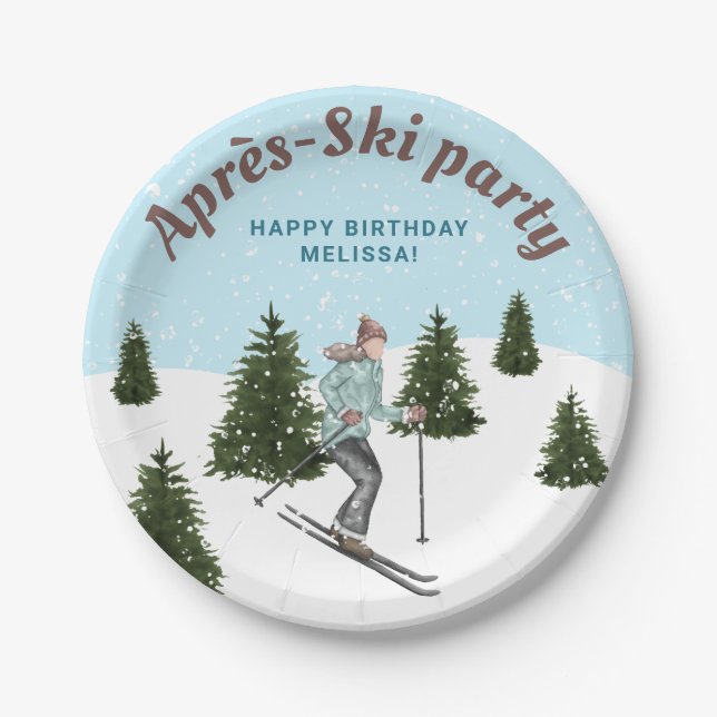 Girl Skiing Winter Slopes Après-Ski Birthday Party Paper Plates (Front)