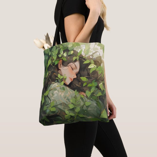 Girl Sleeping in Forest Anime Tote Bag (Close Up)