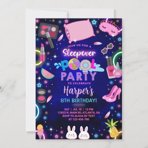 Girl sleepover pool party birthday invite invitation