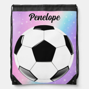 Girl Soccer Ball Pastel Stars Personalized Name Drawstring Bag