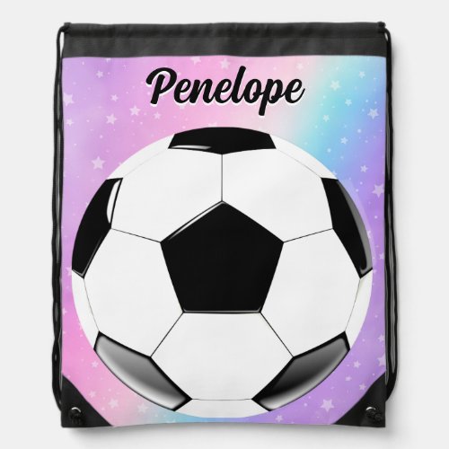Girl Soccer Ball Pastel Stars Personalized Name Drawstring Bag