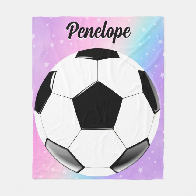 Girl Soccer Ball Pastel Stars Personalized Name Fleece Blanket (Front)